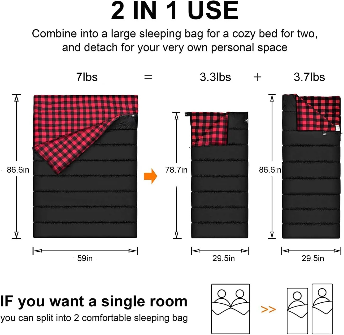 AGEMORE Cotton Flannel Double Sleeping Bag for Camping, Backpacking Or Hiking. Queen Size 2 Person Waterproof Sleeping Bag for Adults Or Teens. Lightweight with Compression Sack