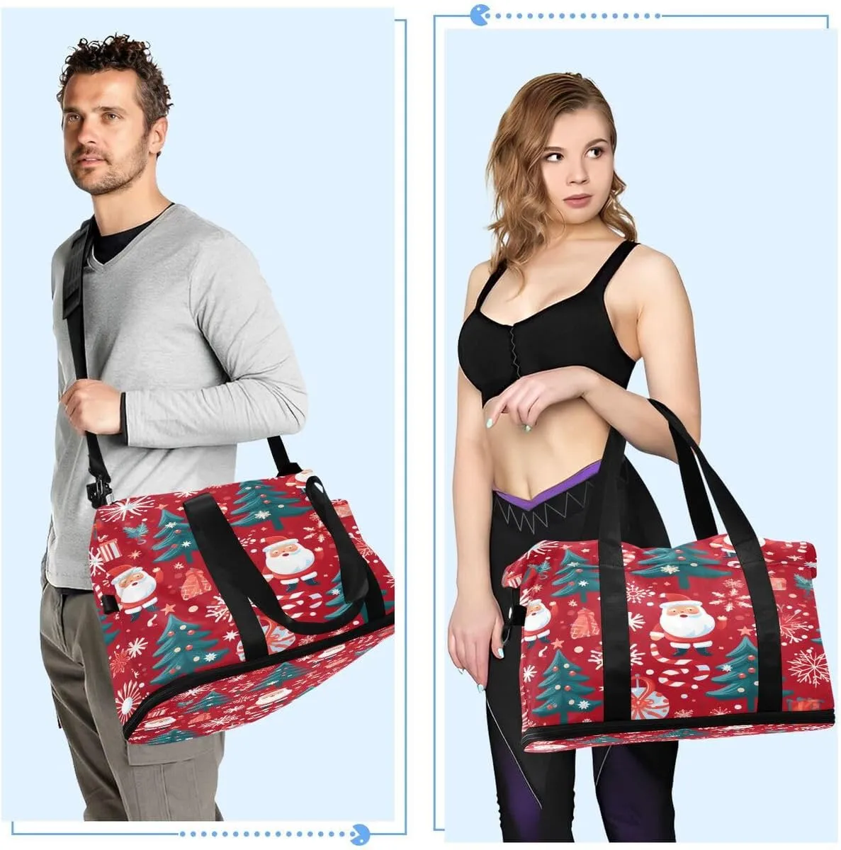 ALAZA Watercolor Christmas Tree Snowflake Santa Claus Travel Duffel Bag with Shoe Compartment Tote Bag Weekender Overnight Bag with Wet Pocket for Travel,Gym,Yoga,Swimming