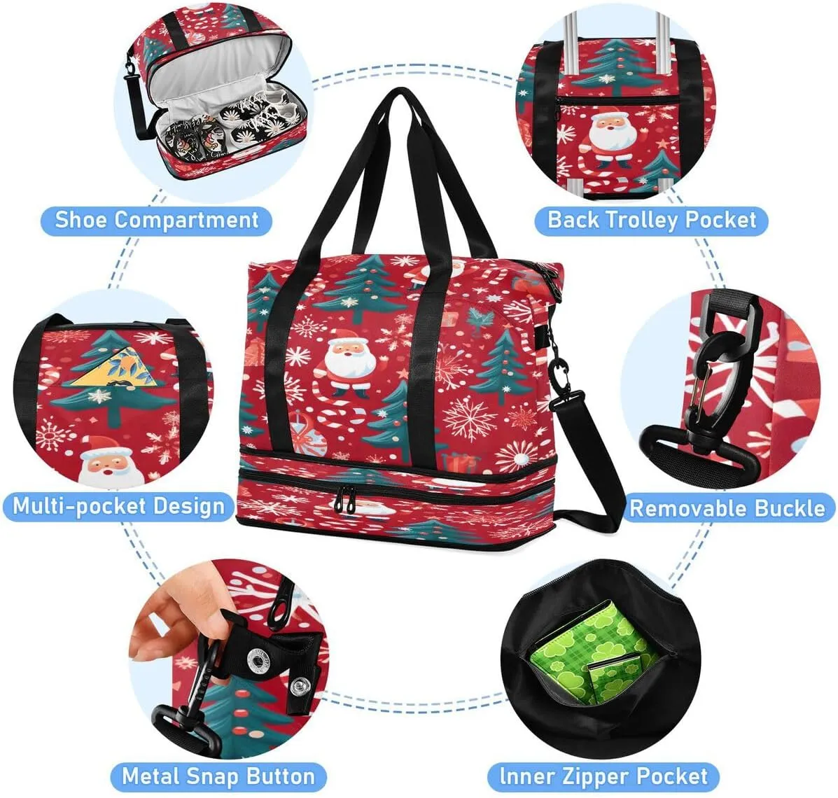 ALAZA Watercolor Christmas Tree Snowflake Santa Claus Travel Duffel Bag with Shoe Compartment Tote Bag Weekender Overnight Bag with Wet Pocket for Travel,Gym,Yoga,Swimming