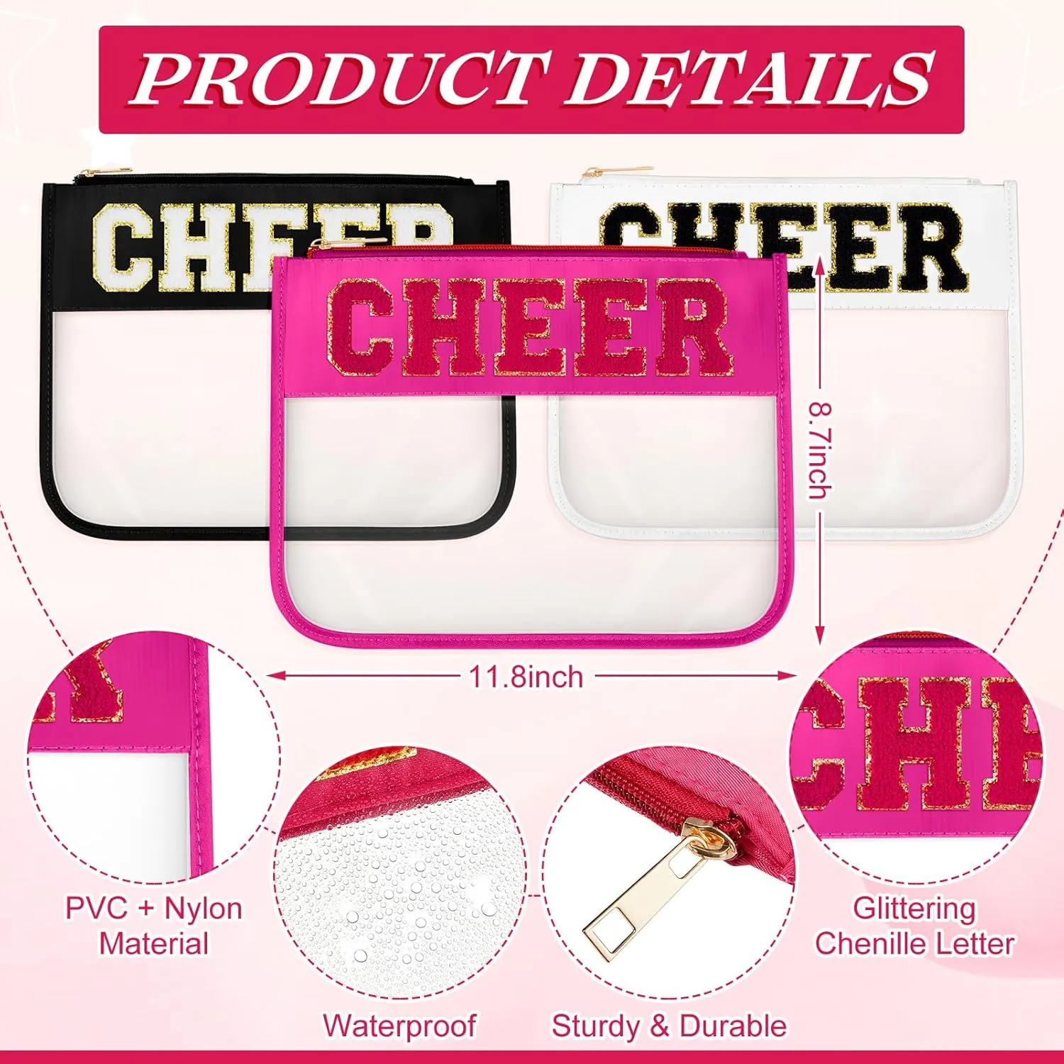 Aliceset 6 Pcs Cheer Chenille Letter Preppy Patch Makeup Snack Bags,Gift for Women Waterproof PVC Cosmetic Organizer Storage,Flat Clear Portable Toiletry Zipper Pouch(Black,White,Hot Pink)
