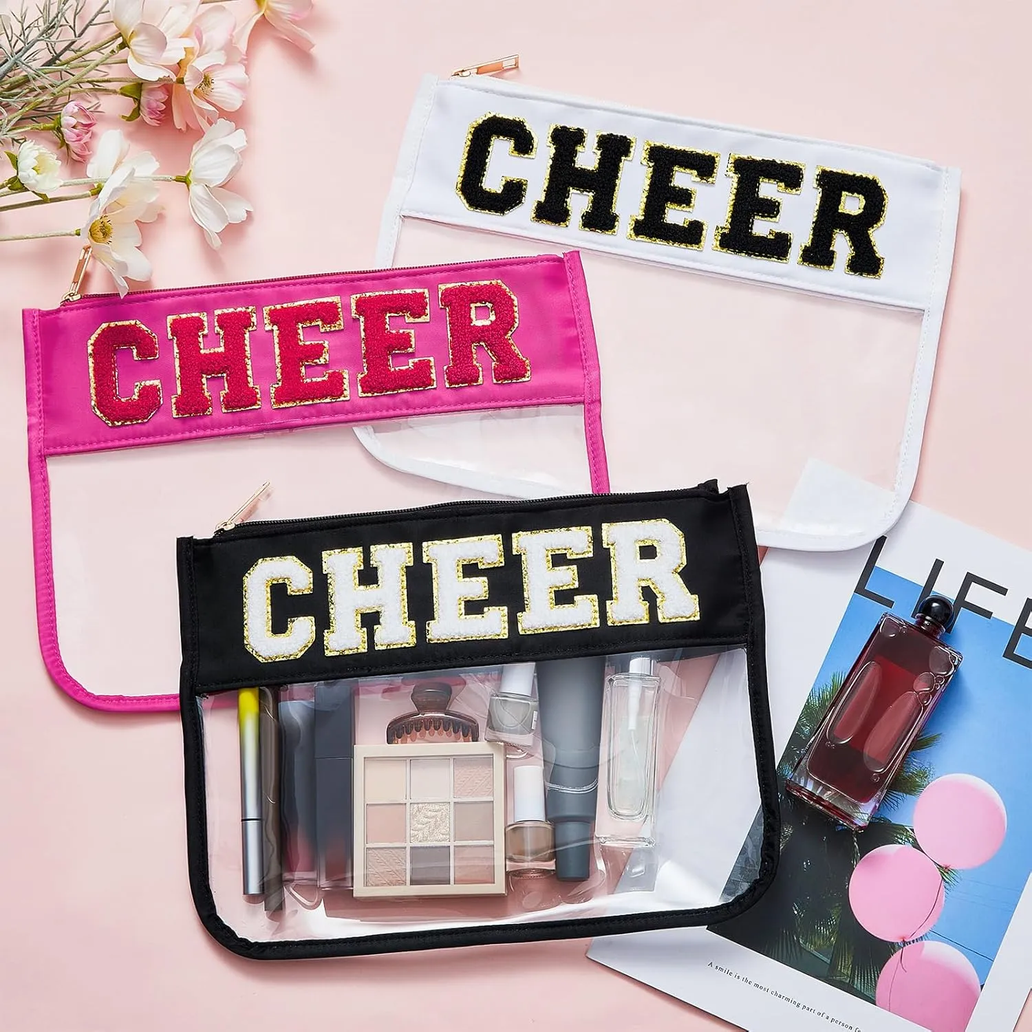 Aliceset 6 Pcs Cheer Chenille Letter Preppy Patch Makeup Snack Bags,Gift for Women Waterproof PVC Cosmetic Organizer Storage,Flat Clear Portable Toiletry Zipper Pouch(Black,White,Hot Pink)