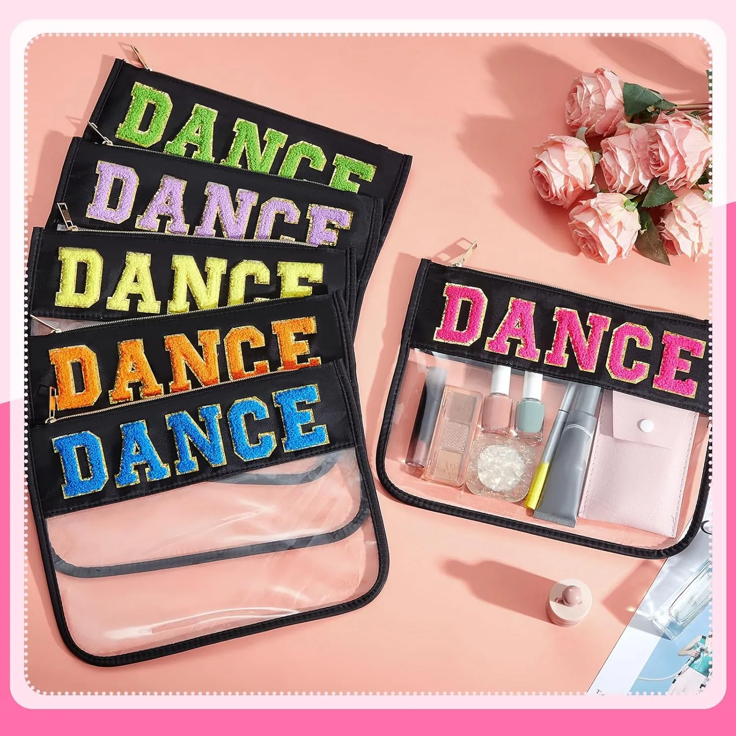Aliceset 6 Pcs Dance Chenille Letter Preppy Patch Makeup Snack Bags,Gift for Women Waterproof PVC Cosmetic Organizer Storage,Flat Clear Portable Toiletry Zipper Pouch(Black)