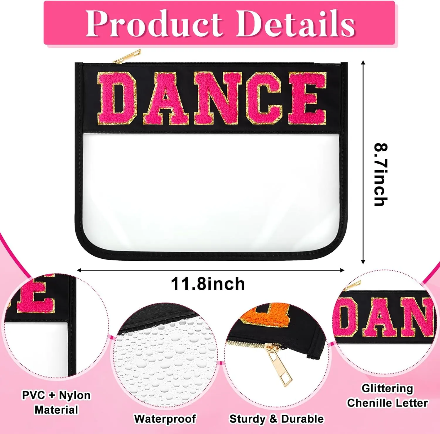 Aliceset 6 Pcs Dance Chenille Letter Preppy Patch Makeup Snack Bags,Gift for Women Waterproof PVC Cosmetic Organizer Storage,Flat Clear Portable Toiletry Zipper Pouch(Black)