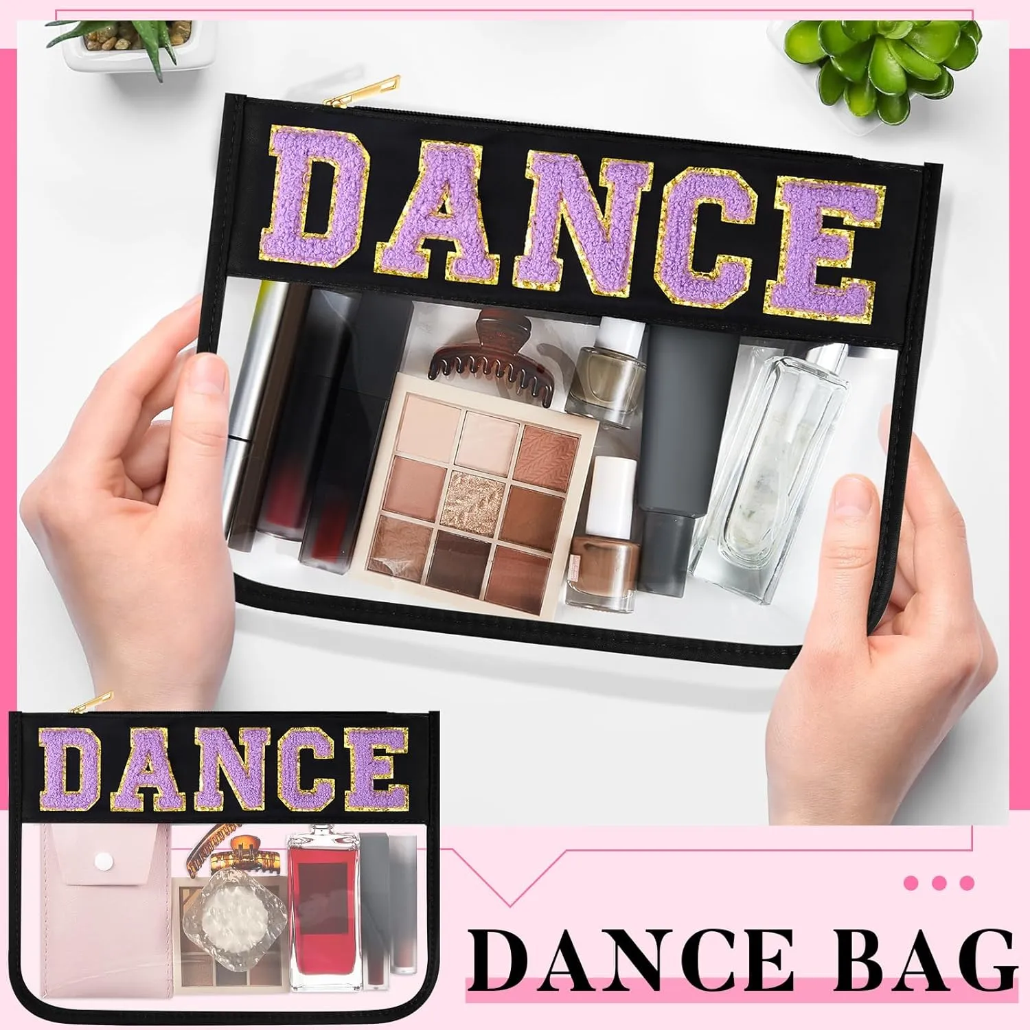Aliceset 6 Pcs Dance Chenille Letter Preppy Patch Makeup Snack Bags,Gift for Women Waterproof PVC Cosmetic Organizer Storage,Flat Clear Portable Toiletry Zipper Pouch(Black)