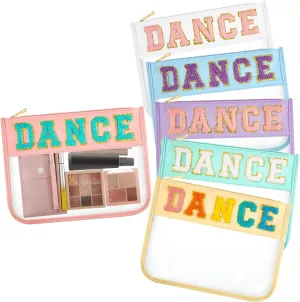 Aliceset 6 Pcs Dance Chenille Letter Preppy Patch Makeup Snack Bags,Gift for Women Waterproof PVC Cosmetic Organizer Storage,Flat Clear Portable Toiletry Zipper Pouch(Candy Color)