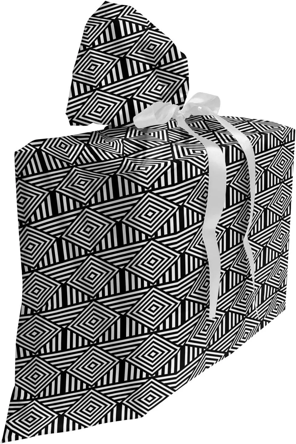 Ambesonne Abstract Fabric Gift Bag, Optical Illusion Stripes Diagonal Squares Monochrome Tones Illustration, Present Sack for Parties Birthdays with 3 Ribbons, 27, Charcoal Grey White