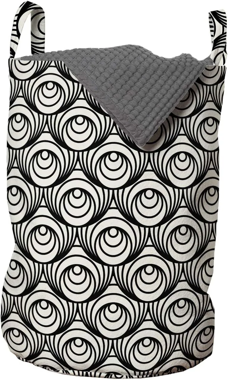 Ambesonne Abstract Laundry Bag, Circular Intricate Shapes Abstract Optical Illusion Illustration, Hamper Basket with Handles Drawstring Closure for Laundromats, 13" x 19", Charcoal Grey Eggshell