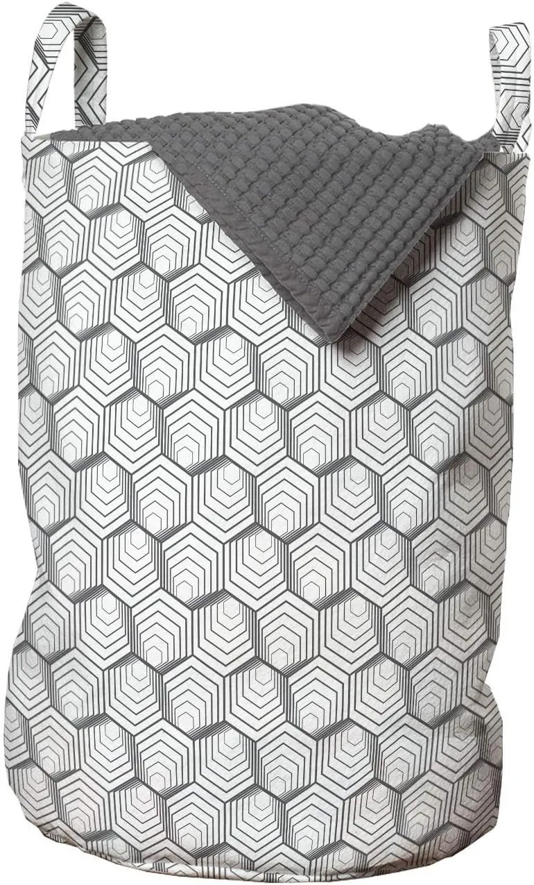 Ambesonne Abstract Laundry Bag, Rhythmic Geometric Modern Optical Illusion Abstract Illustration Print, Hamper Basket with Handles Drawstring Closure for Laundromats, 13" x 19", White Charcoal Grey