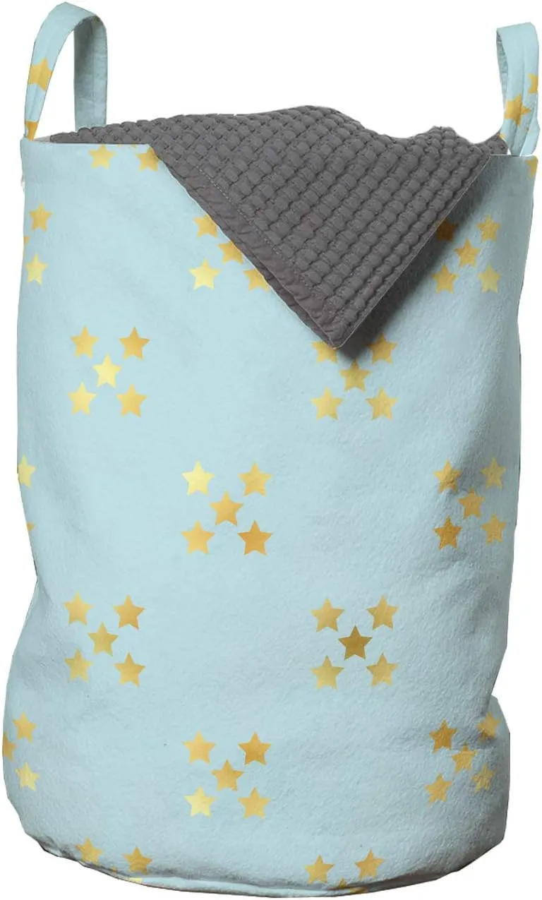 Ambesonne Abstract Laundry Bag, Rhythmic Gradient Stars in Yellow Golden Tones on Clear Sky Like Scene, Hamper Basket with Handles Drawstring Closure for Laundromats, 13" x 19", Pale Blue and Mustard