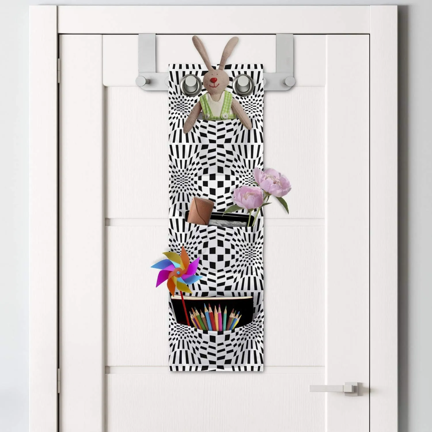 Ambesonne Crazy Art Hanging Pocket Organizer, Composition of Quirky Squares Going Inwards Optical Illusion, Printed Polyester Storage Bag with Pockets, 9" x 27", Charcoal Grey and White