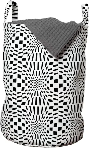 Ambesonne Crazy Art Laundry Bag, Composition of Quirky Squares Going Inwards Optical Illusion, Hamper Basket with Handles Drawstring Closure for Laundromats, 13" x 19", Charcoal Grey and White
