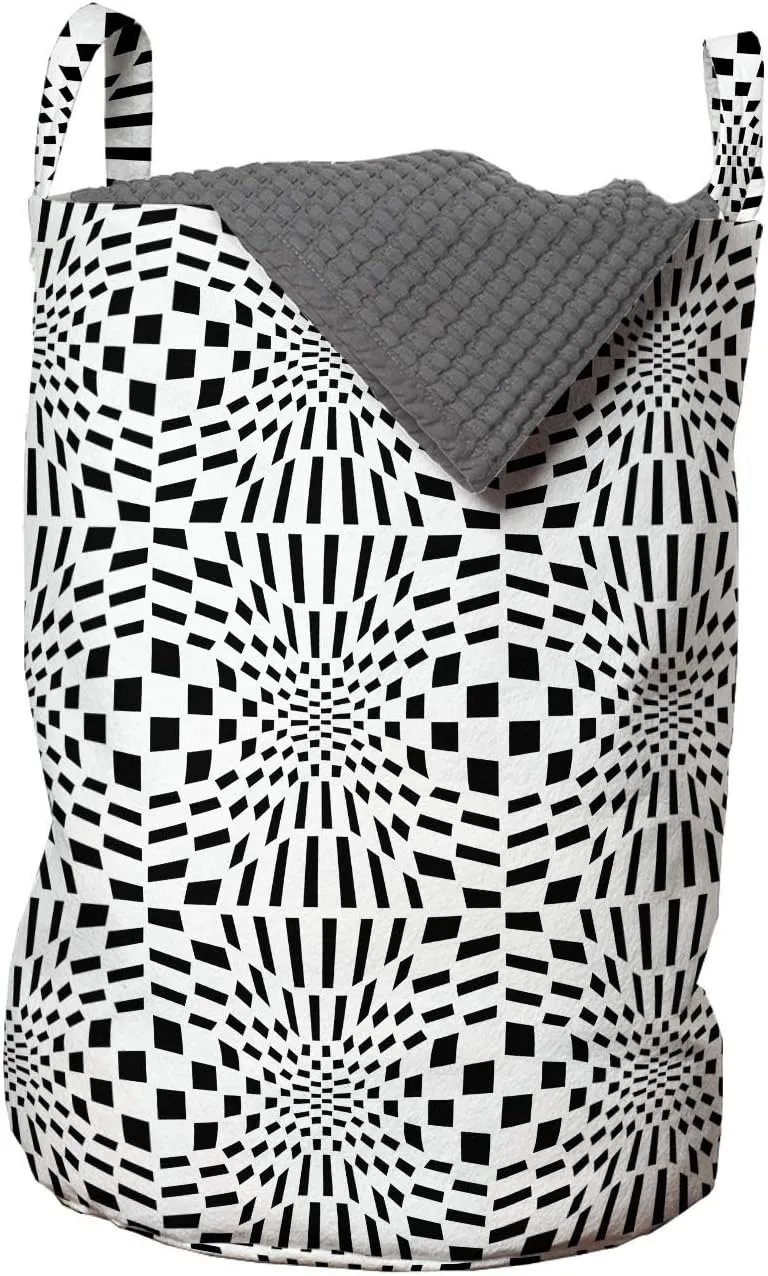 Ambesonne Crazy Art Laundry Bag, Composition of Quirky Squares Going Inwards Optical Illusion, Hamper Basket with Handles Drawstring Closure for Laundromats, 13" x 19", Charcoal Grey and White
