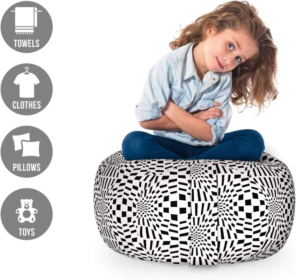 Ambesonne Crazy Art Storage Toy Bag Chair, Composition of Quirky Squares Going Inwards Optical Illusion, Stuffed Animal Organizer Washable Bag, Small Size, Charcoal Grey and White