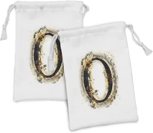 Ambesonne Letter O Fabric Pouch Set of 2, Alphabet Abstract Concept Hot and Fiery Letter O Plasma Smoky Look, Small Drawstring Bag for Toiletries Masks and Favors, 9" x 6", Orange Black Tan