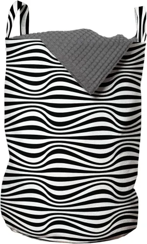 Ambesonne Psychedelic Laundry Bag, Optical Illusion Art Nouveau Lines Wavy Stripes Symmetric Illustration, Hamper Basket with Handles Drawstring Closure for Laundromats, 13" x 19", Black and White