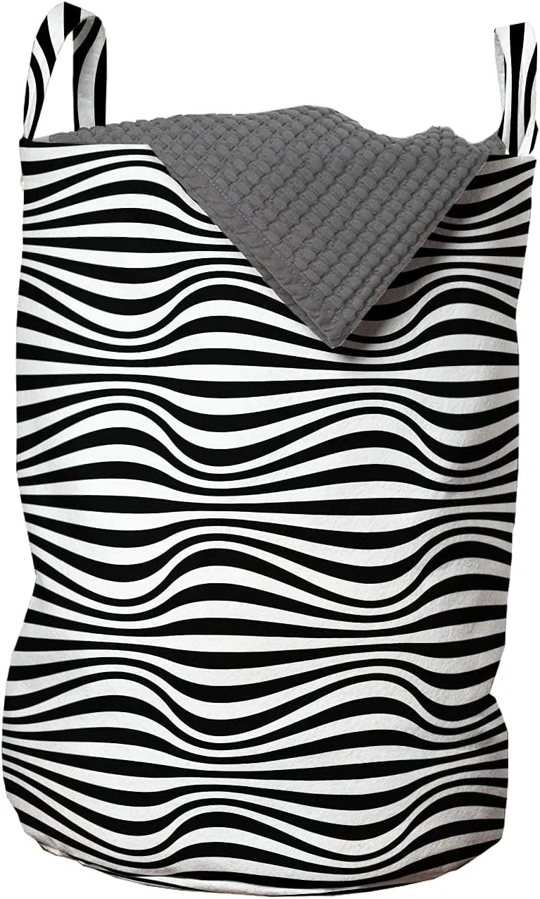 Ambesonne Psychedelic Laundry Bag, Optical Illusion Art Nouveau Lines Wavy Stripes Symmetric Illustration, Hamper Basket with Handles Drawstring Closure for Laundromats, 13" x 19", Black and White