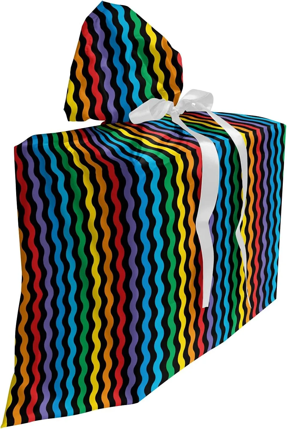 Ambesonne Purple and Yellow Fabric Gift Bag, Rainbow Like Colorful Optical Illusory Vertical Repetitive Wavy Stripes, Present Sack for Parties Birthdays with 3 Ribbons, 27, Multicolor