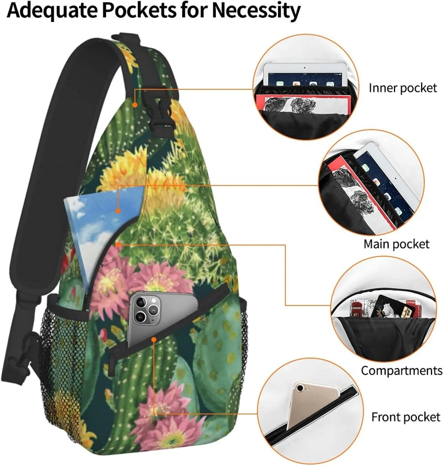 AMRANDOM Anti Theft Sling Bag Shoulder Crossbody Backpack Waterproof Chest Bag Lightweight Cactus Floral Bloom Flower Summer Tropical Watercolor Casual Daypack