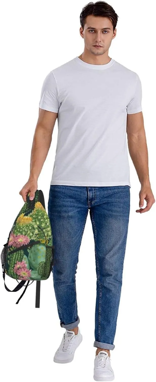 AMRANDOM Anti Theft Sling Bag Shoulder Crossbody Backpack Waterproof Chest Bag Lightweight Cactus Floral Bloom Flower Summer Tropical Watercolor Casual Daypack