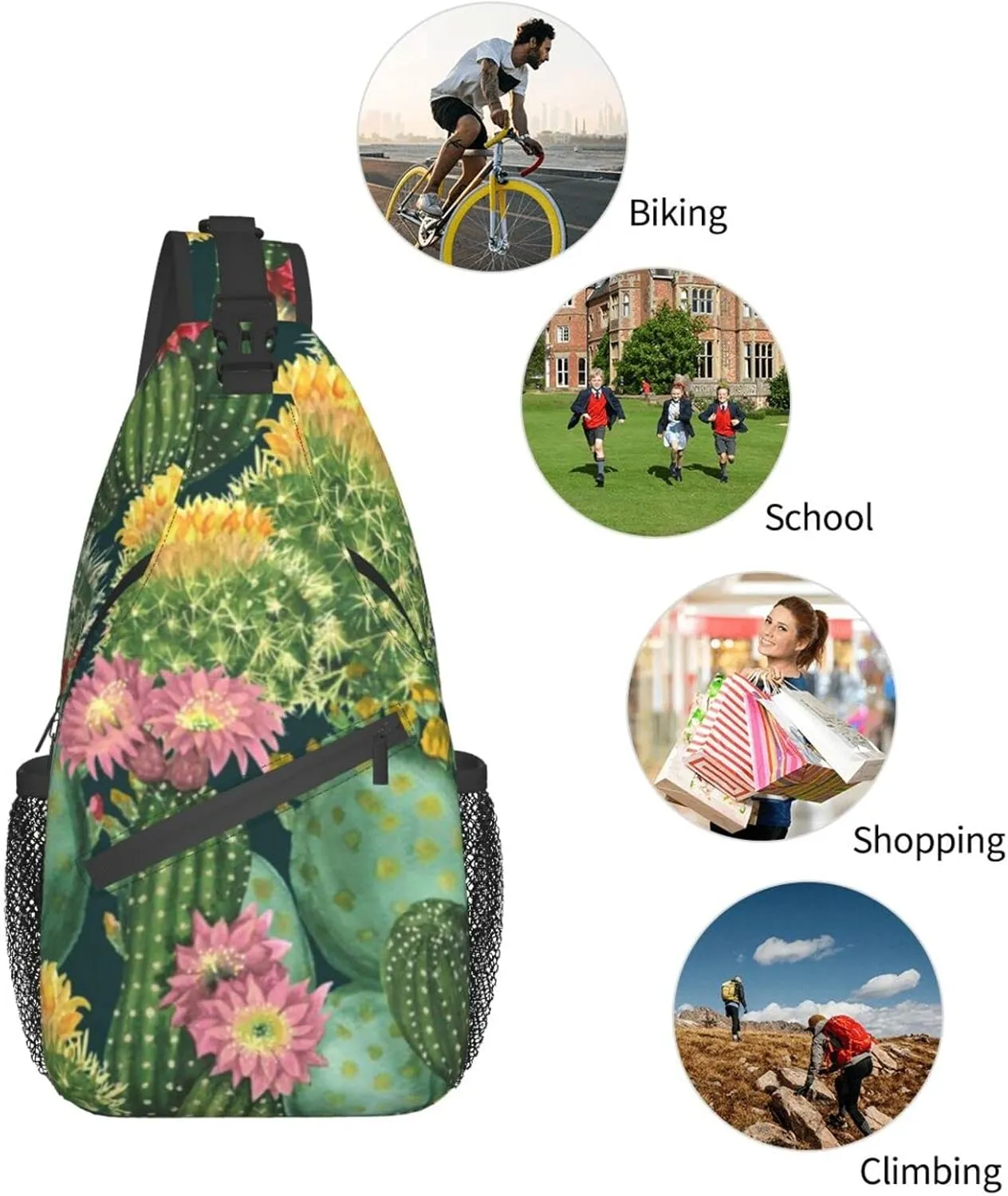 AMRANDOM Anti Theft Sling Bag Shoulder Crossbody Backpack Waterproof Chest Bag Lightweight Cactus Floral Bloom Flower Summer Tropical Watercolor Casual Daypack