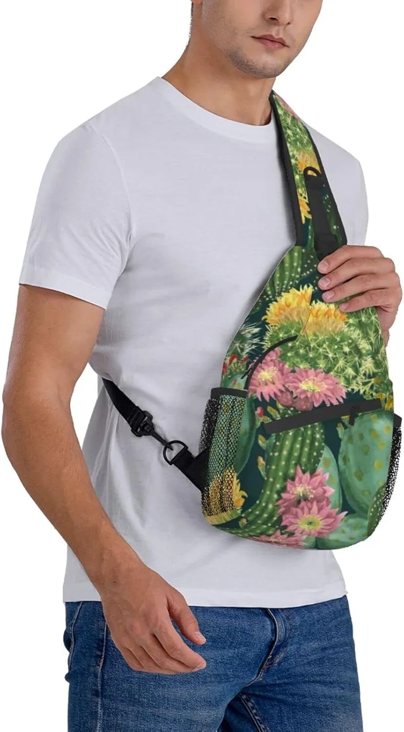 AMRANDOM Anti Theft Sling Bag Shoulder Crossbody Backpack Waterproof Chest Bag Lightweight Cactus Floral Bloom Flower Summer Tropical Watercolor Casual Daypack