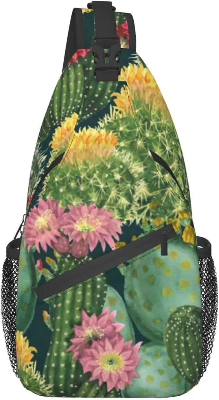 AMRANDOM Anti Theft Sling Bag Shoulder Crossbody Backpack Waterproof Chest Bag Lightweight Cactus Floral Bloom Flower Summer Tropical Watercolor Casual Daypack