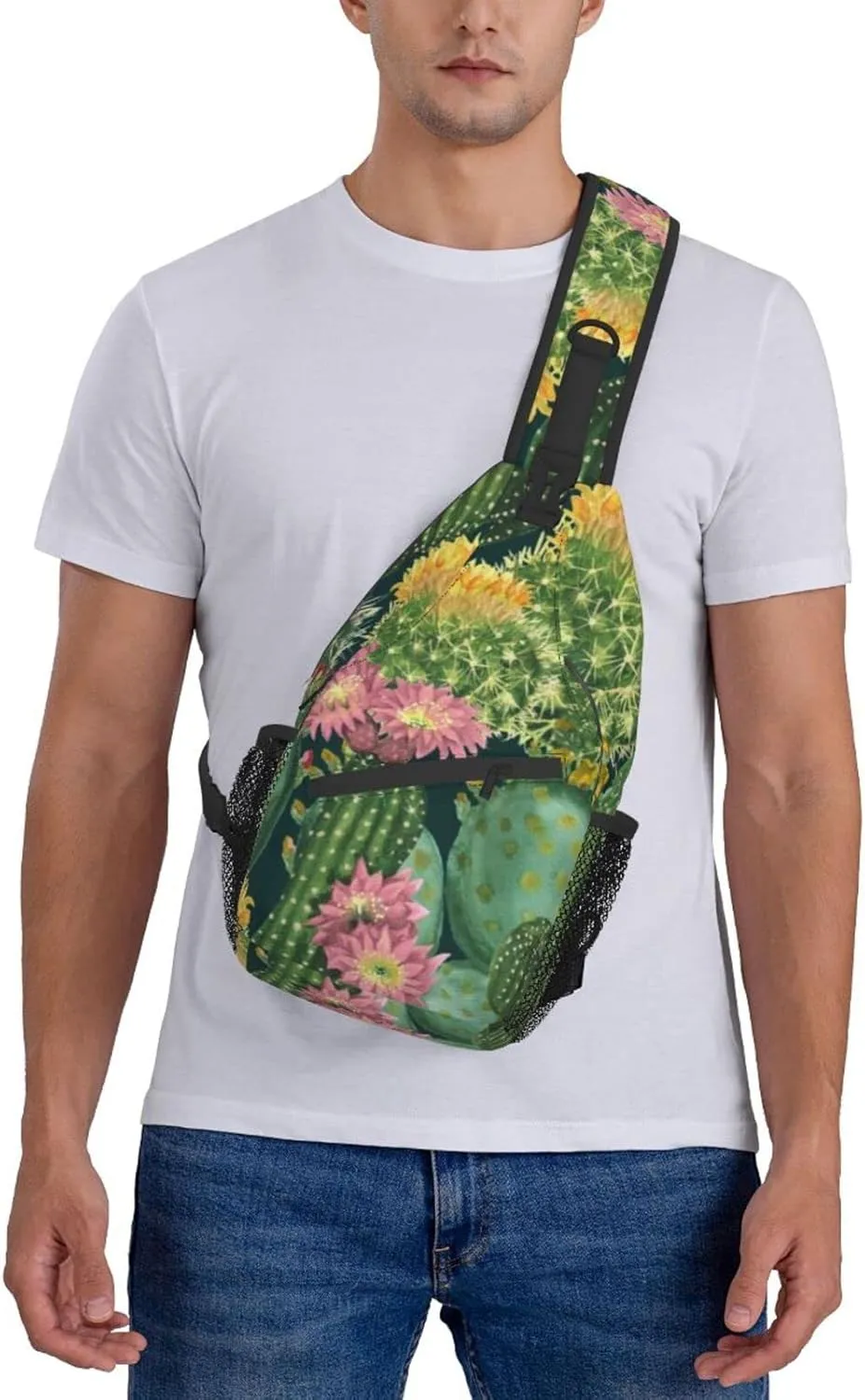 AMRANDOM Anti Theft Sling Bag Shoulder Crossbody Backpack Waterproof Chest Bag Lightweight Cactus Floral Bloom Flower Summer Tropical Watercolor Casual Daypack
