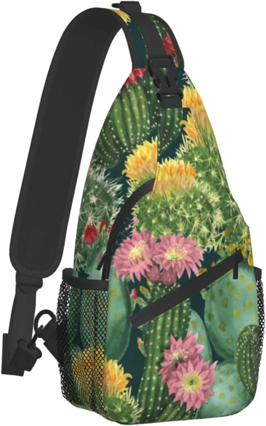AMRANDOM Anti Theft Sling Bag Shoulder Crossbody Backpack Waterproof Chest Bag Lightweight Cactus Floral Bloom Flower Summer Tropical Watercolor Casual Daypack