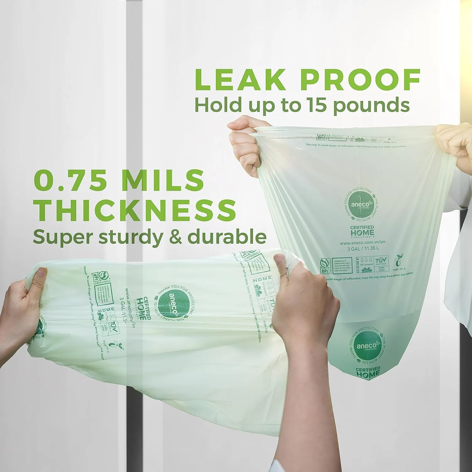 ANECO 100% Compostable Food Waste Bags 3 Gallon, 100 Count, Extra Thick Compost Bags for Countertop Bin, Small Compost Bag, Food Waste Bags with TUV OK Compost Home and BPI certified