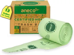 ANECO Compostable Food Waste Bags 13 Gallon, 50 Count, Extra Thick Kitchen Compost Bags With Handles, Large Compostable Bags for Tall Kitchen Bin