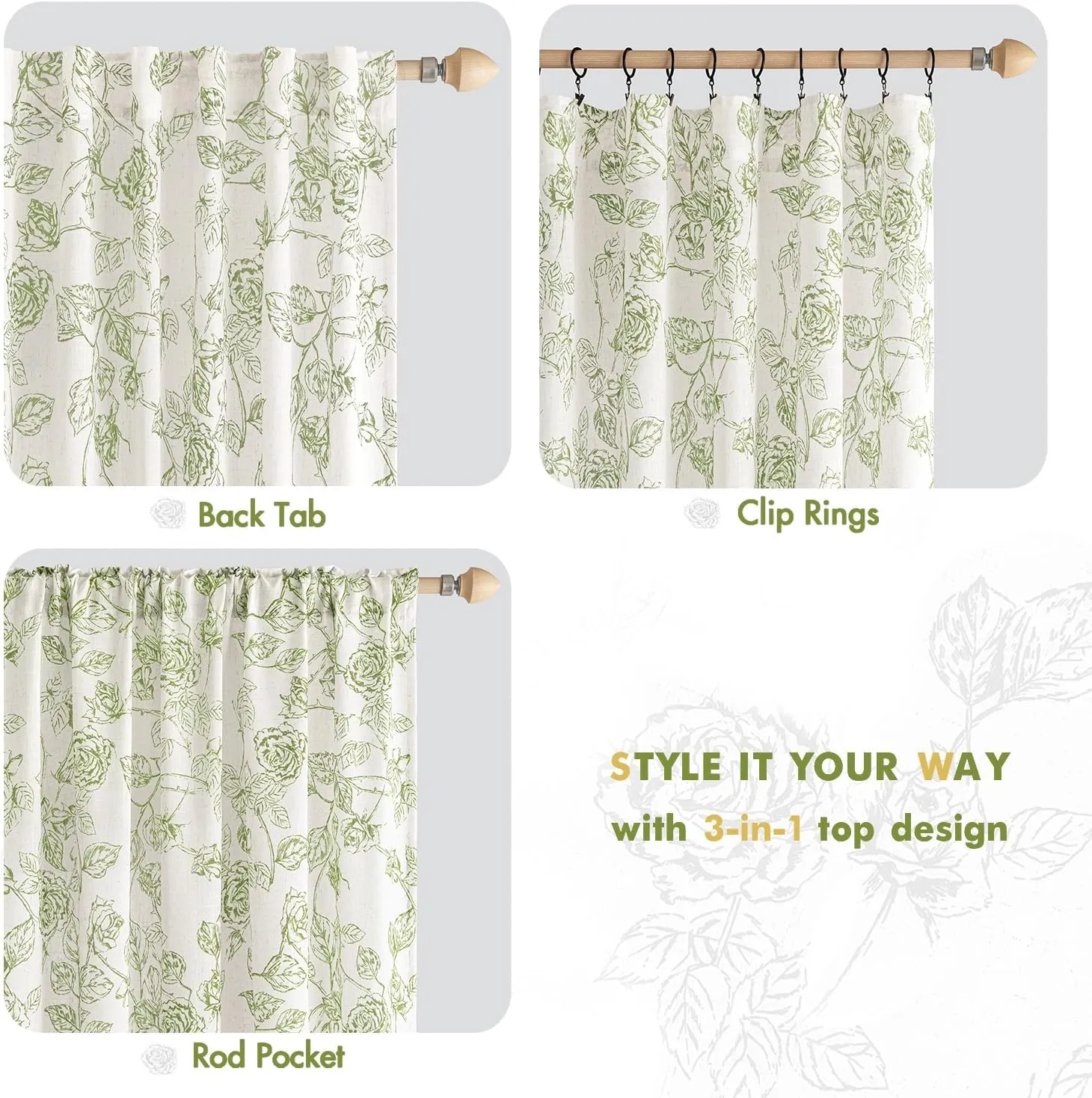 ANRODUO Green Floral Linen Curtains - Printed Patterned Vintage French Country Style Drapes, 63 Inches Long, 2 Panels Set, Rod Pocket Back Tab Curtains for Living Room, Bedroom