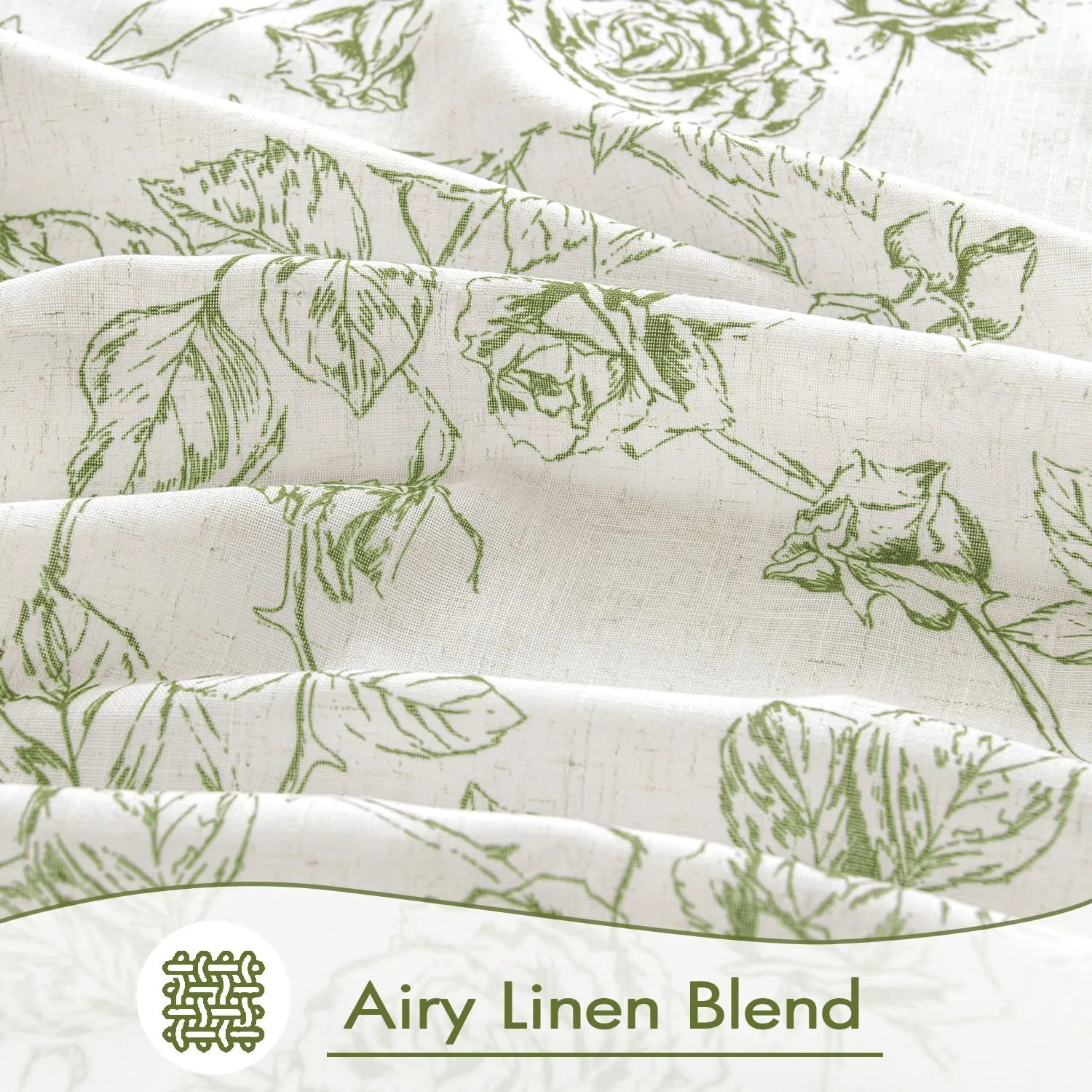 ANRODUO Green Floral Linen Curtains - Printed Patterned Vintage French Country Style Drapes, 63 Inches Long, 2 Panels Set, Rod Pocket Back Tab Curtains for Living Room, Bedroom