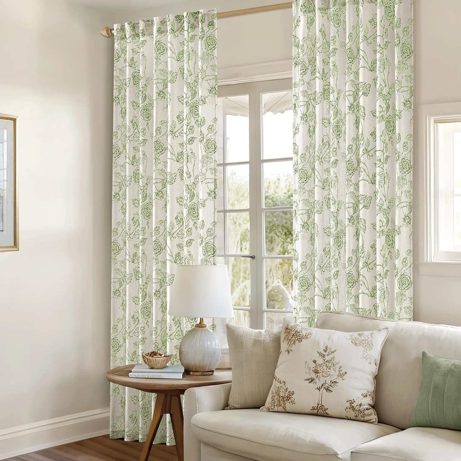 ANRODUO Green Floral Linen Curtains - Printed Patterned Vintage French Country Style Drapes, 63 Inches Long, 2 Panels Set, Rod Pocket Back Tab Curtains for Living Room, Bedroom