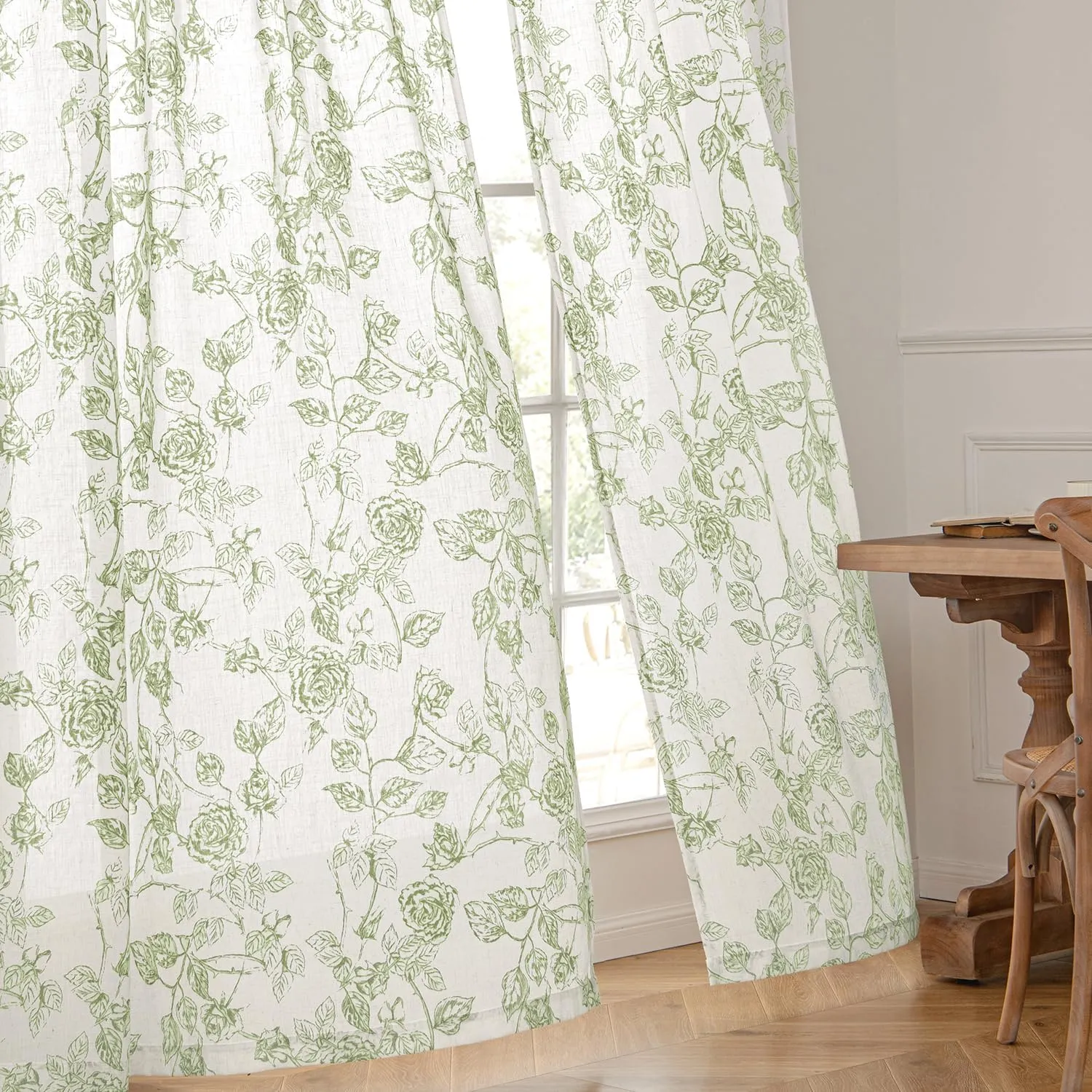 ANRODUO Green Floral Linen Curtains - Printed Patterned Vintage French Country Style Drapes, 63 Inches Long, 2 Panels Set, Rod Pocket Back Tab Curtains for Living Room, Bedroom
