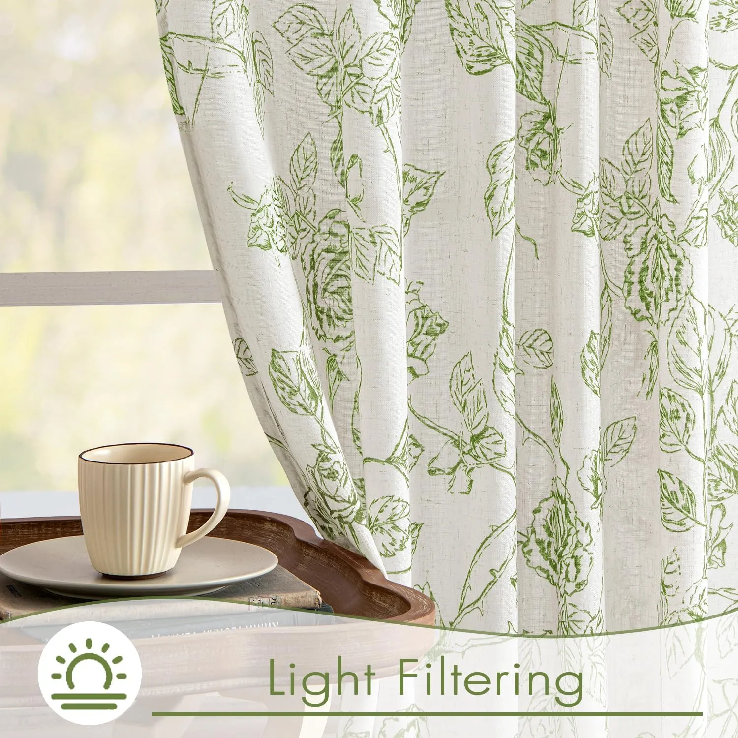 ANRODUO Green Floral Linen Curtains - Printed Patterned Vintage French Country Style Drapes, 63 Inches Long, 2 Panels Set, Rod Pocket Back Tab Curtains for Living Room, Bedroom