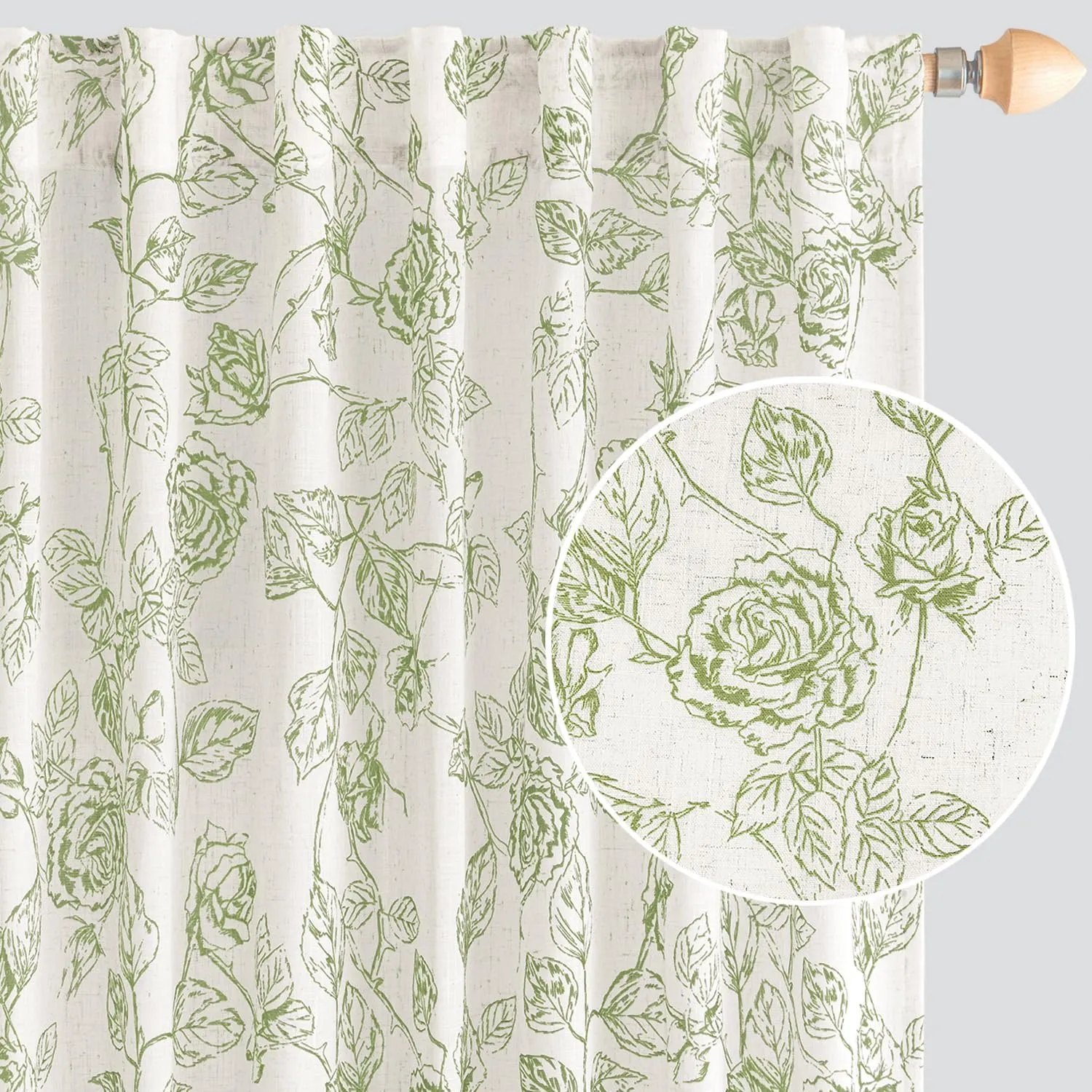 ANRODUO Green Floral Linen Curtains - Printed Patterned Vintage French Country Style Drapes, 63 Inches Long, 2 Panels Set, Rod Pocket Back Tab Curtains for Living Room, Bedroom