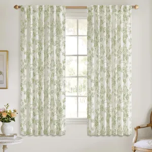 ANRODUO Green Floral Linen Curtains - Printed Patterned Vintage French Country Style Drapes, 63 Inches Long, 2 Panels Set, Rod Pocket Back Tab Curtains for Living Room, Bedroom