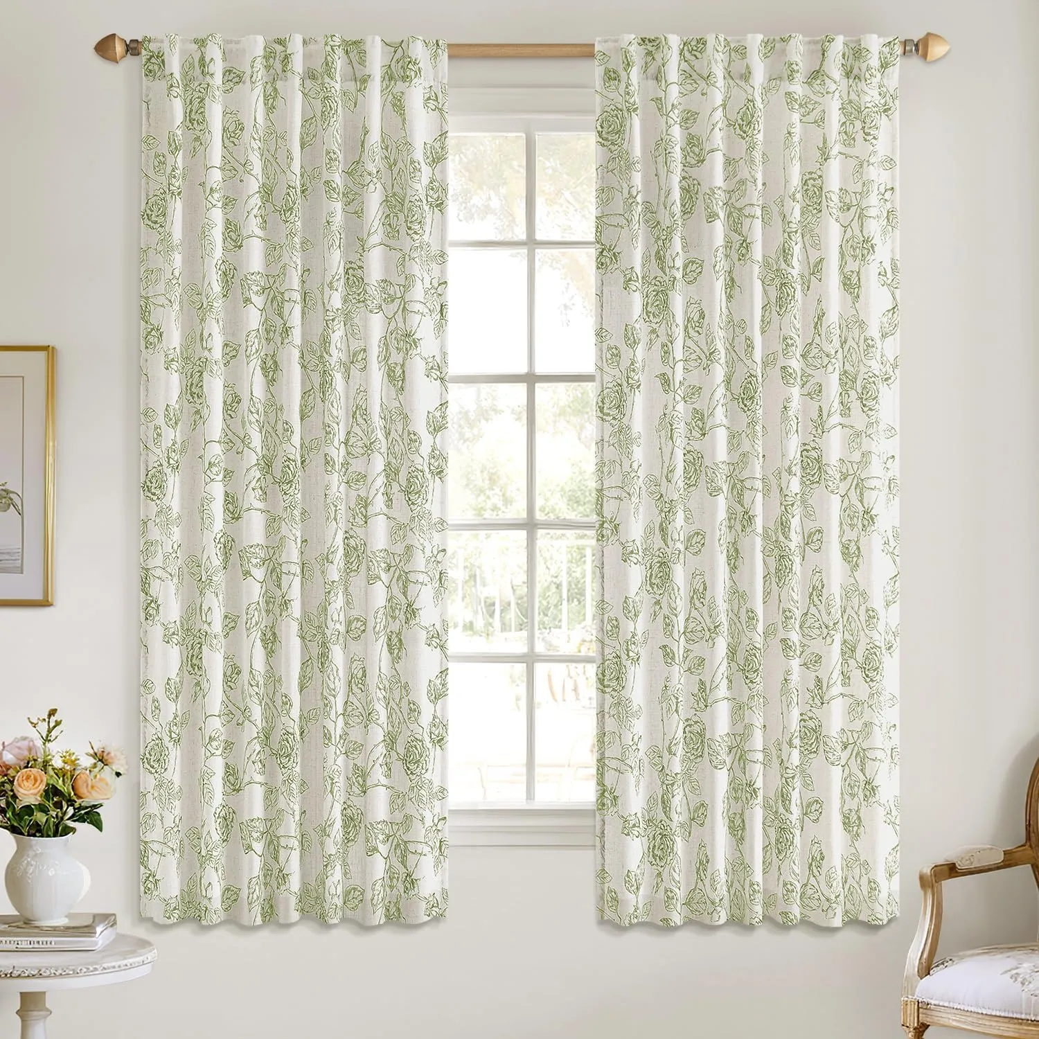 ANRODUO Green Floral Linen Curtains - Printed Patterned Vintage French Country Style Drapes, 63 Inches Long, 2 Panels Set, Rod Pocket Back Tab Curtains for Living Room, Bedroom