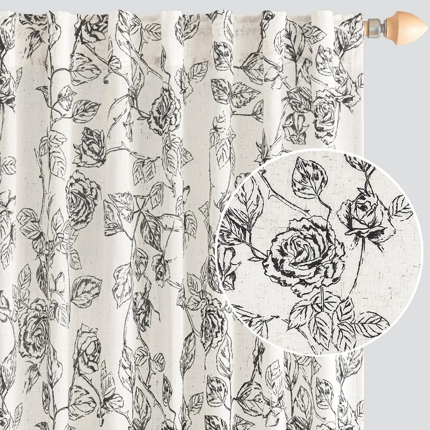 ANRODUO Vintage Floral Curtains - Neutral Cream Black Pattern Printed - 96 Inch Length - Sketch Print Burlap Textured Rustic Farmhouse Country Curtains for Living Room and Bedroom - Set of 2 Panels