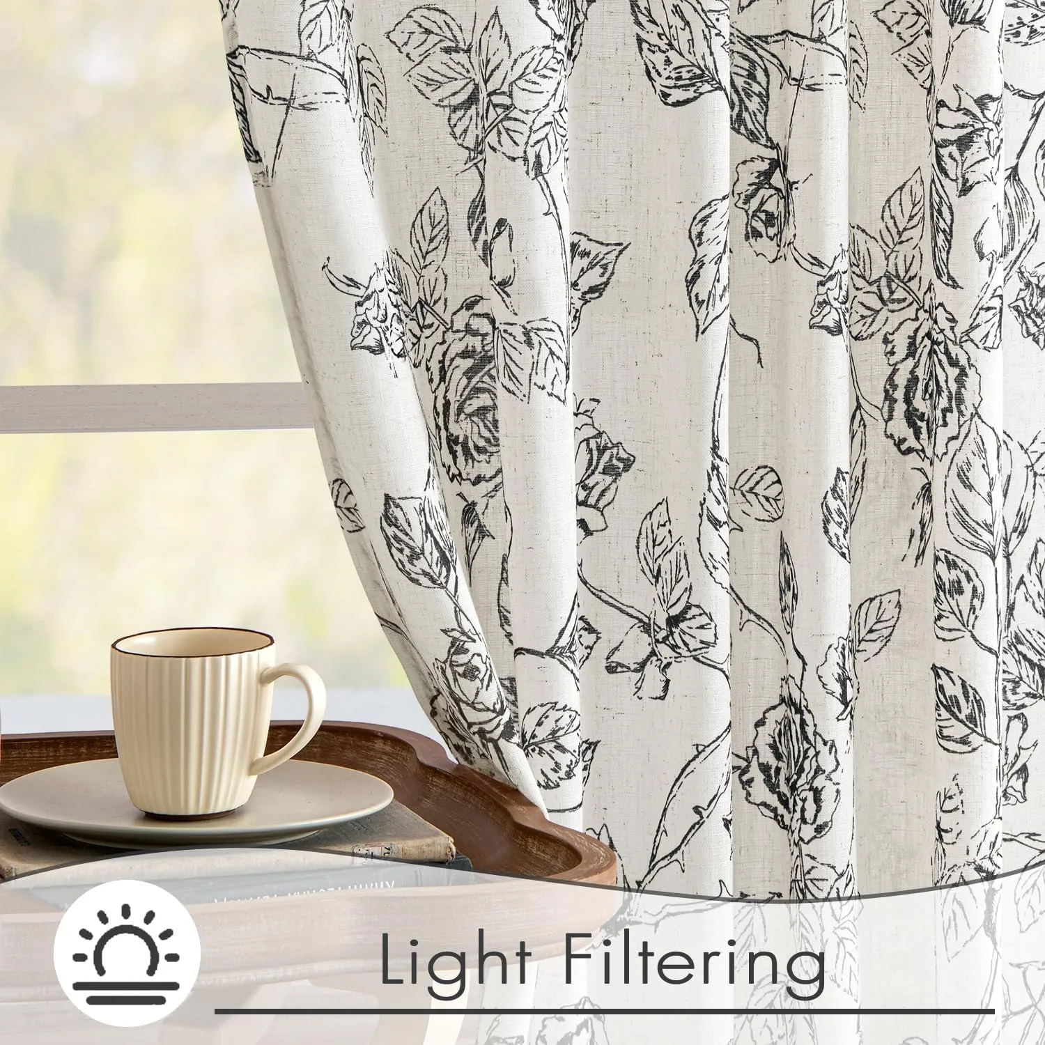 ANRODUO Vintage Floral Curtains - Neutral Cream Black Pattern Printed - 96 Inch Length - Sketch Print Burlap Textured Rustic Farmhouse Country Curtains for Living Room and Bedroom - Set of 2 Panels