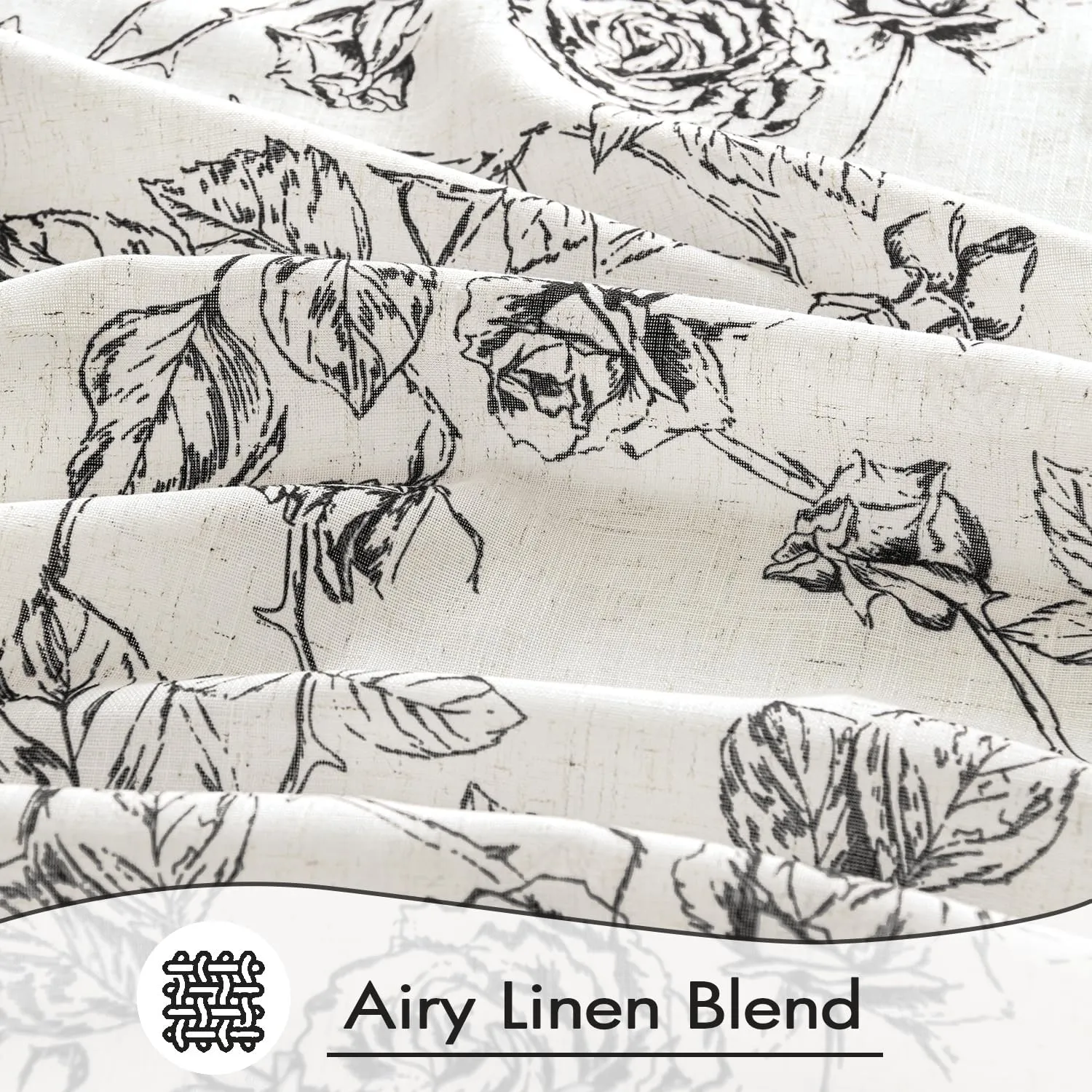 ANRODUO Vintage Floral Curtains - Neutral Cream Black Pattern Printed - 96 Inch Length - Sketch Print Burlap Textured Rustic Farmhouse Country Curtains for Living Room and Bedroom - Set of 2 Panels
