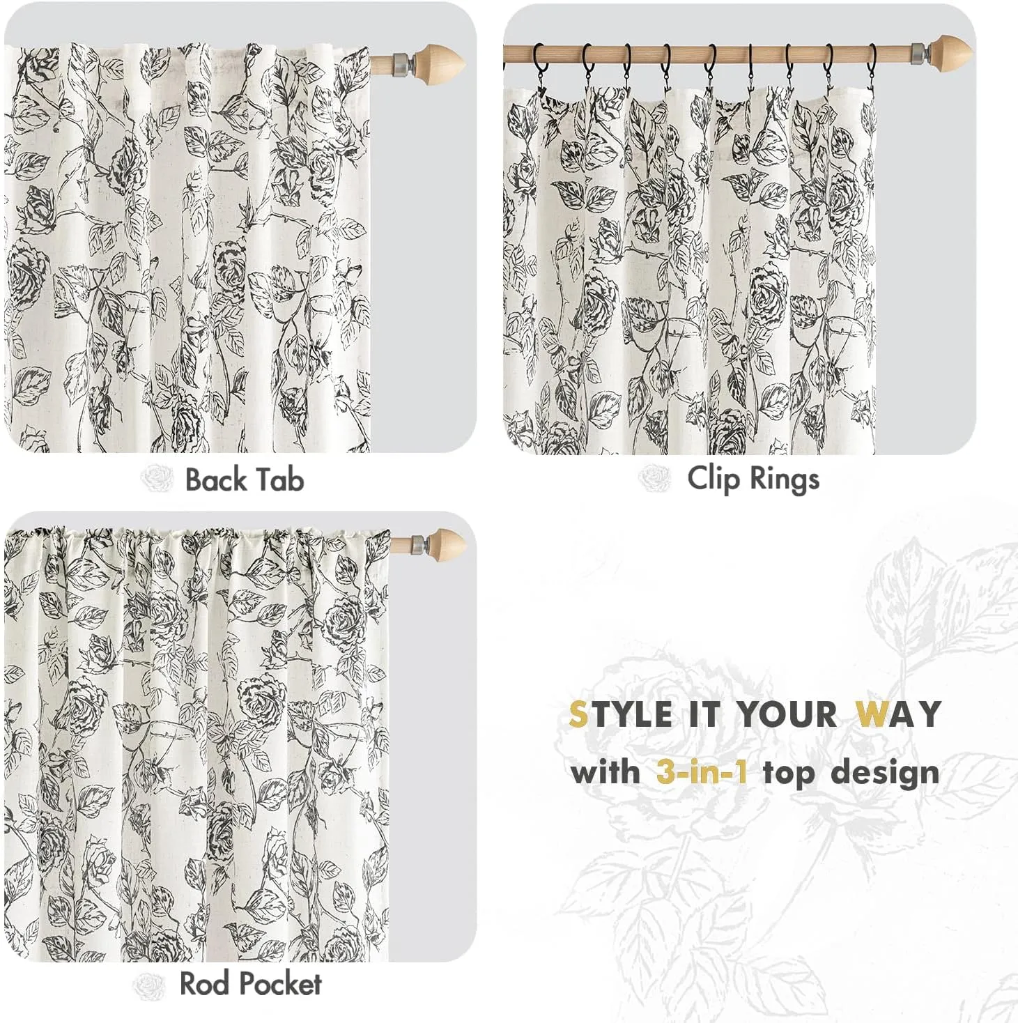 ANRODUO Vintage Floral Curtains - Neutral Cream Black Pattern Printed - 96 Inch Length - Sketch Print Burlap Textured Rustic Farmhouse Country Curtains for Living Room and Bedroom - Set of 2 Panels