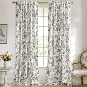 ANRODUO Vintage Floral Curtains - Neutral Cream Black Pattern Printed - 96 Inch Length - Sketch Print Burlap Textured Rustic Farmhouse Country Curtains for Living Room and Bedroom - Set of 2 Panels