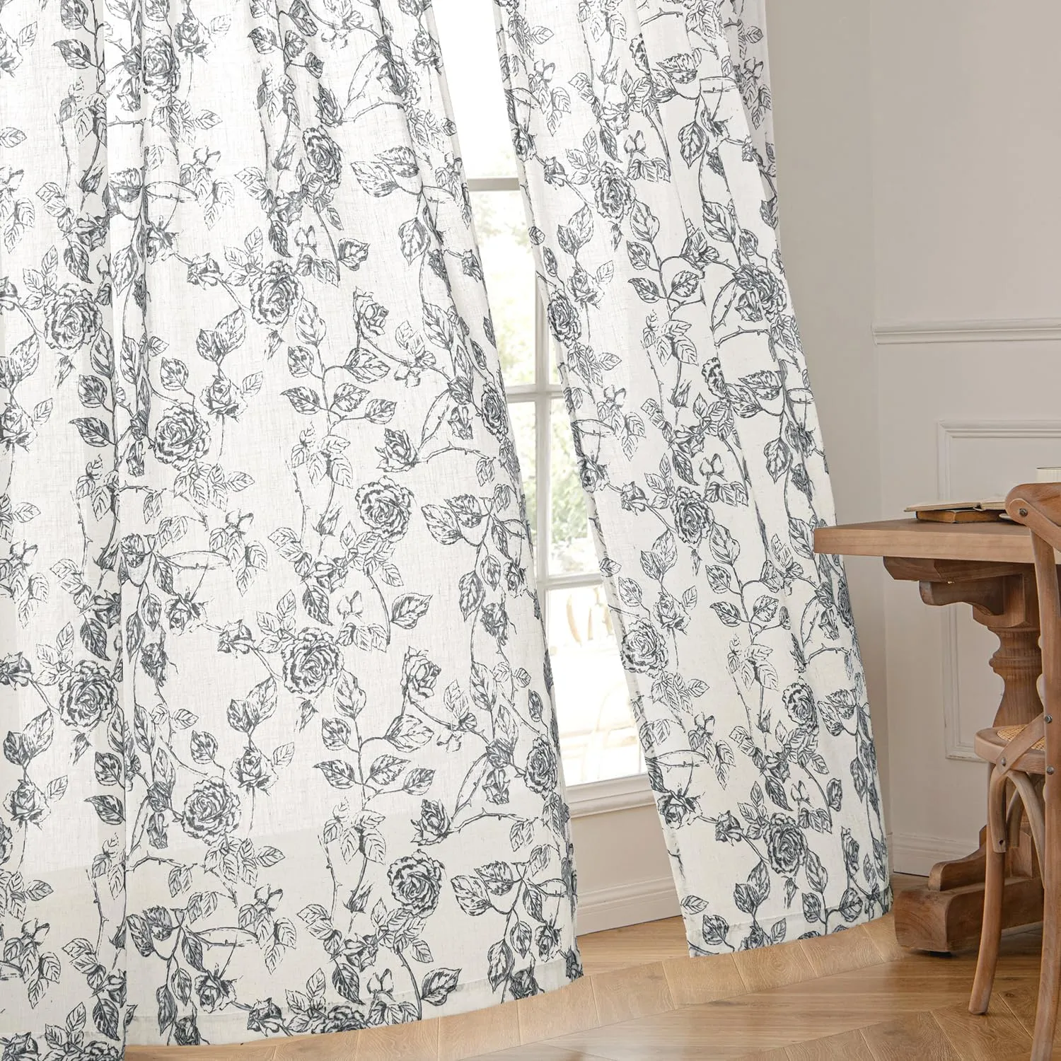 ANRODUO Vintage Floral Curtains - Neutral Cream Black Pattern Printed - 96 Inch Length - Sketch Print Burlap Textured Rustic Farmhouse Country Curtains for Living Room and Bedroom - Set of 2 Panels