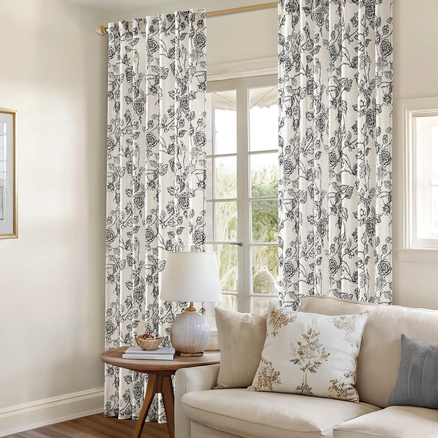 ANRODUO Vintage Floral Curtains - Neutral Cream Black Pattern Printed - 96 Inch Length - Sketch Print Burlap Textured Rustic Farmhouse Country Curtains for Living Room and Bedroom - Set of 2 Panels