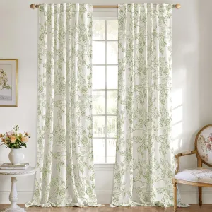 ANRODUO Vintage Floral Curtains Pale Green Botanical Patterned Printed Curtains 96 Inch Length French Country Style Light Filtering Back Tab Semi Sheer Drapes for Living Room Bedroom Set of 2 Panels
