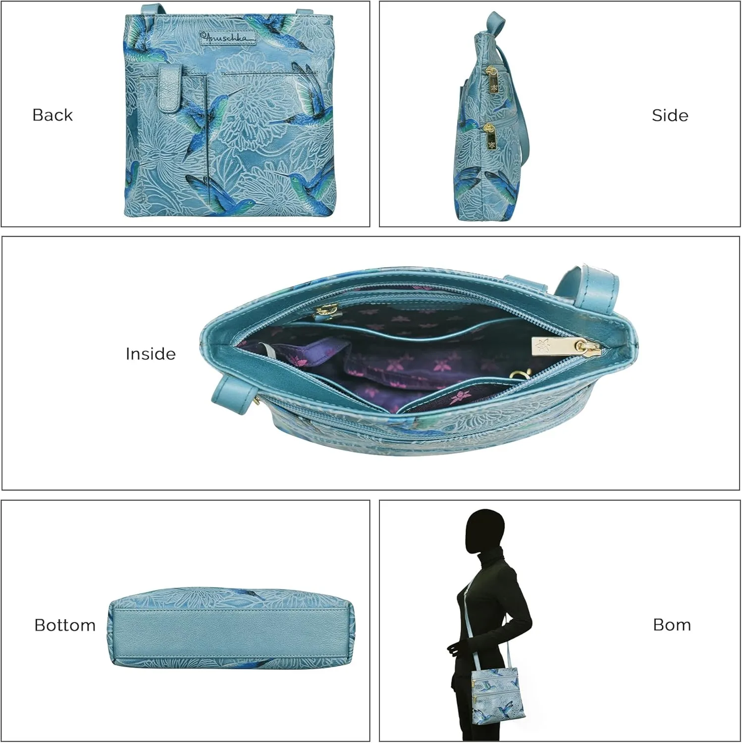 Anuschka Women’s Hand-Painted Genuine Leather Medium Crossbody With Double Zip Pockets