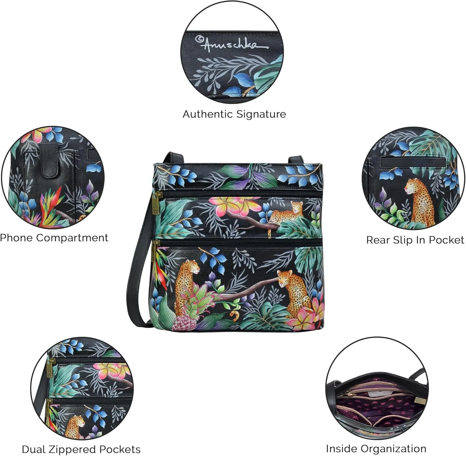 Anuschka Women’s Hand-Painted Genuine Leather Medium Crossbody With Double Zip Pockets