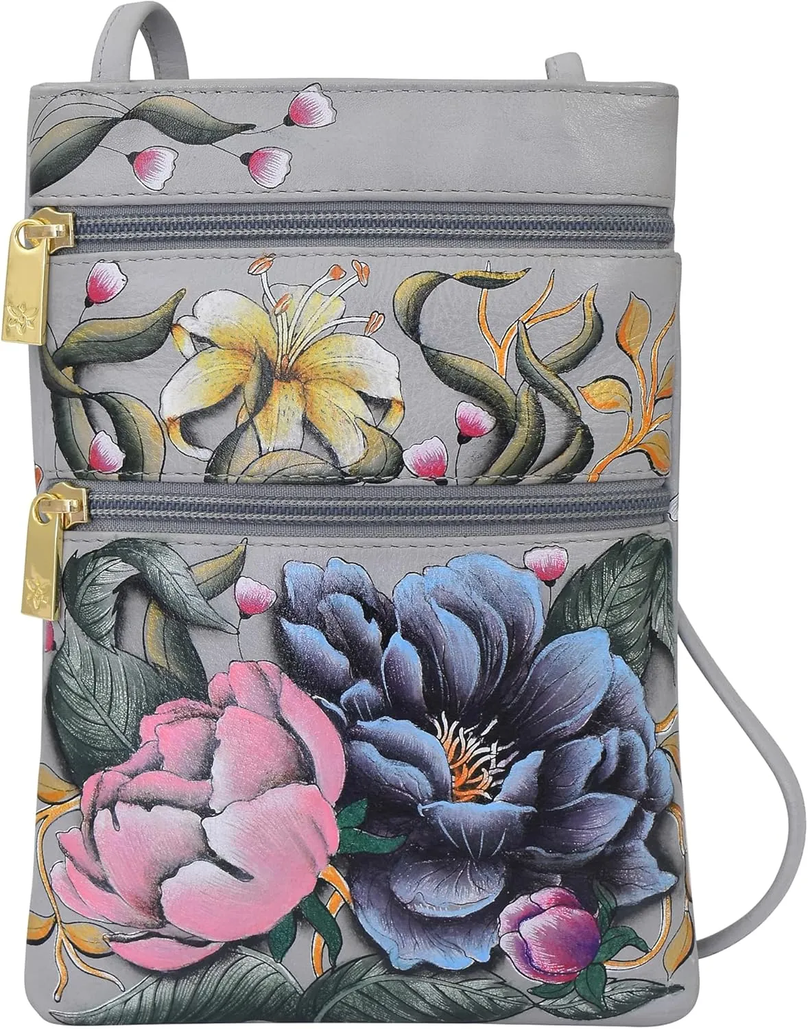 Anuschka Women’s Hand Painted Genuine Leather Mini Double Zip Travel Crossbody - Magnetic Closure, ID Holder & Optical Case