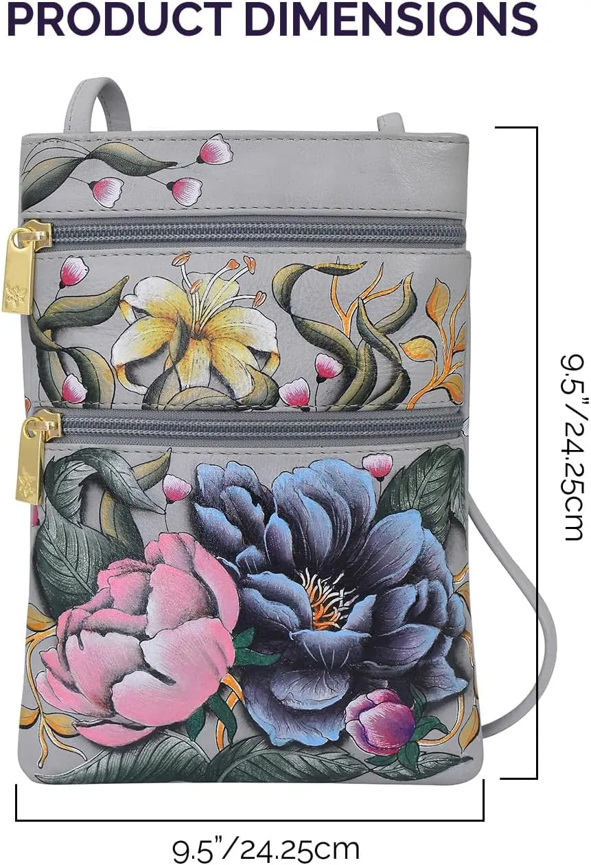 Anuschka Women’s Hand Painted Genuine Leather Mini Double Zip Travel Crossbody - Magnetic Closure, ID Holder & Optical Case